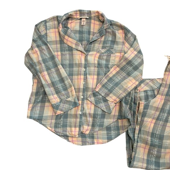 Victoria’s Secret Pastel Plaid Cotton Pajama Set Sz S Silver Thread Y2K Vintage - Picture 2 of 9